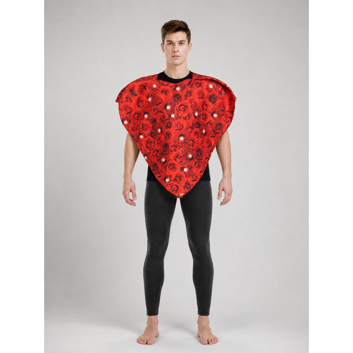 Red Poncho Cape with Pink Floral Pattern on-model view