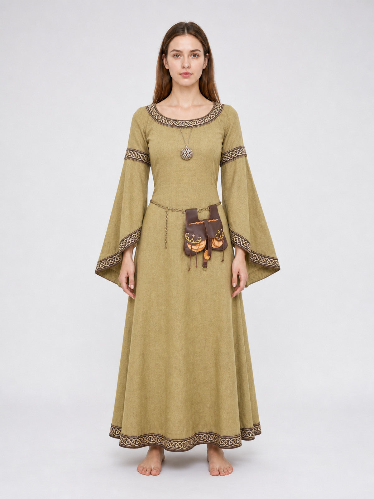 Medieval Long Dress with Pendant and Bag front view