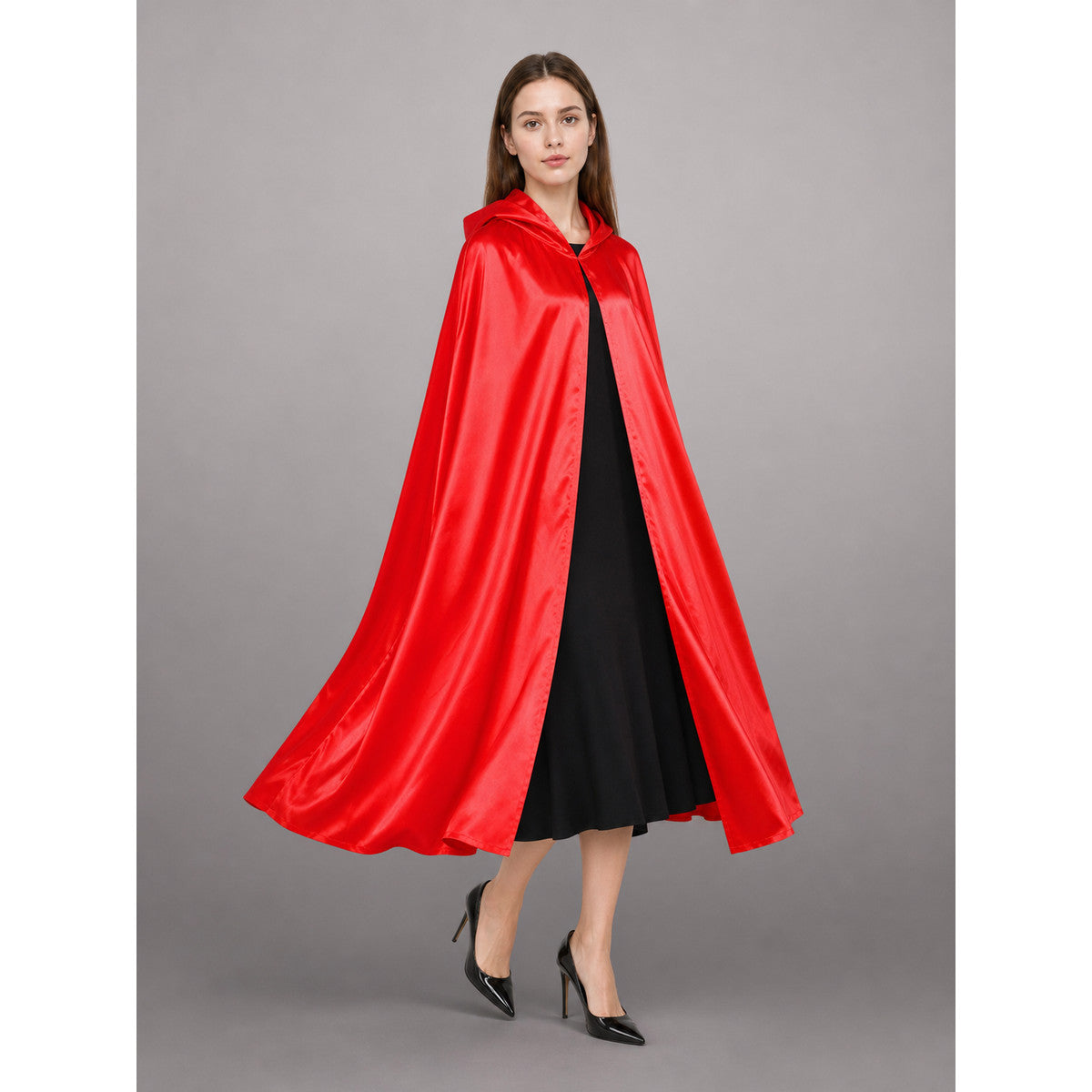 Red hooded carnival cloak for cosplay front view