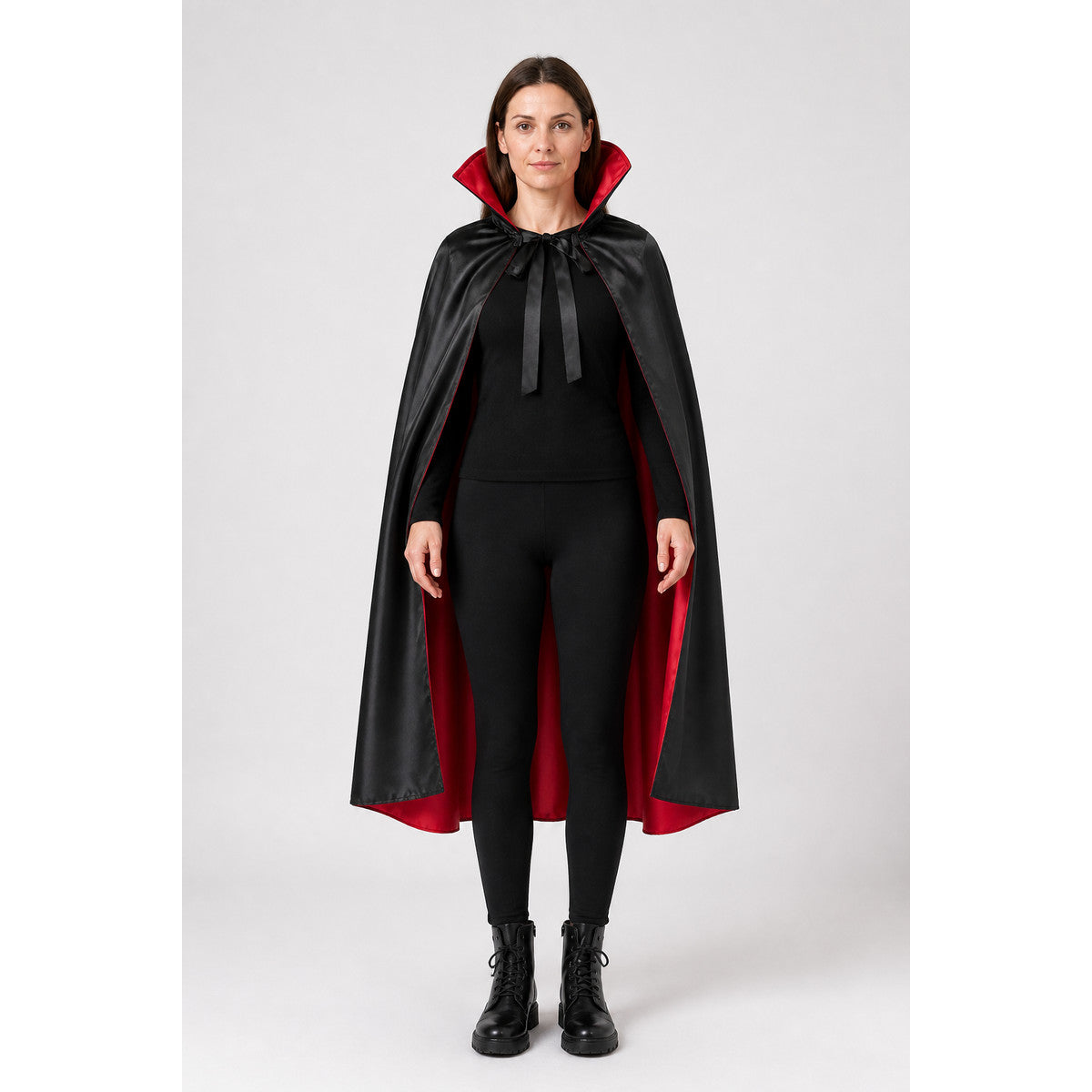 Long black hooded cape with red lining main product view
