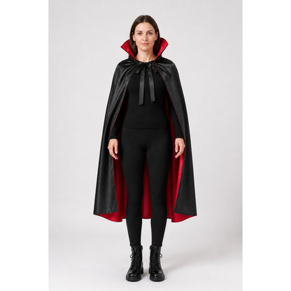Long black hooded cape with red lining main product view
