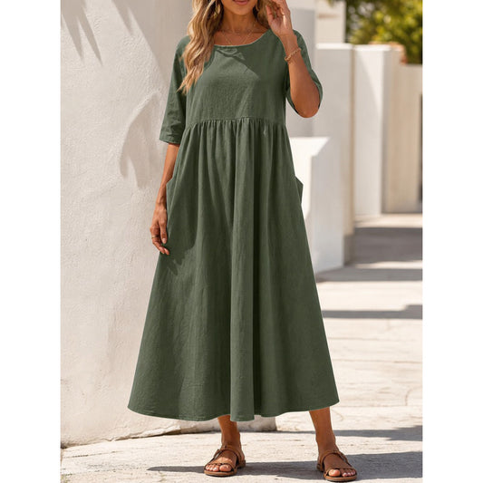 Olive Loose-Fit Dress with 3/4 Sleeves
