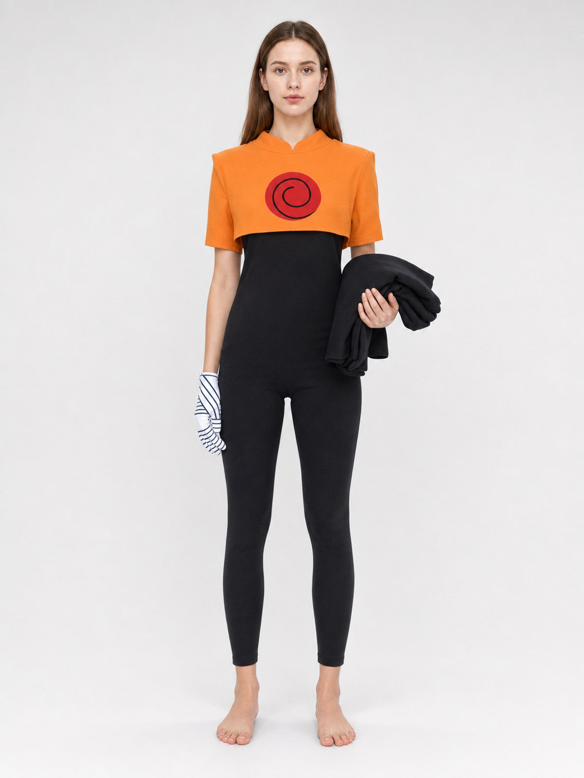 Naruto Cosplay Costume: Top, Bottoms, and Gloves on-model view