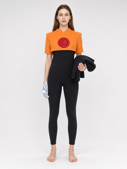 Naruto Cosplay Costume: Top, Bottoms, and Gloves on-model view