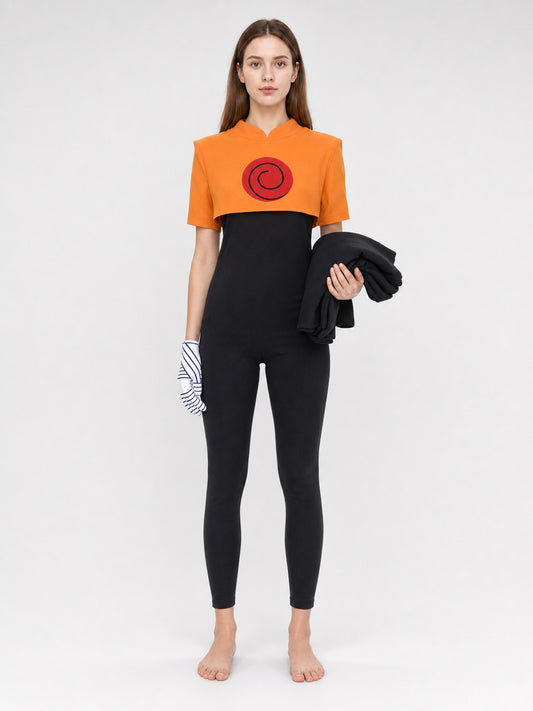 Naruto Cosplay Costume: Top, Bottoms, and Gloves on-model view