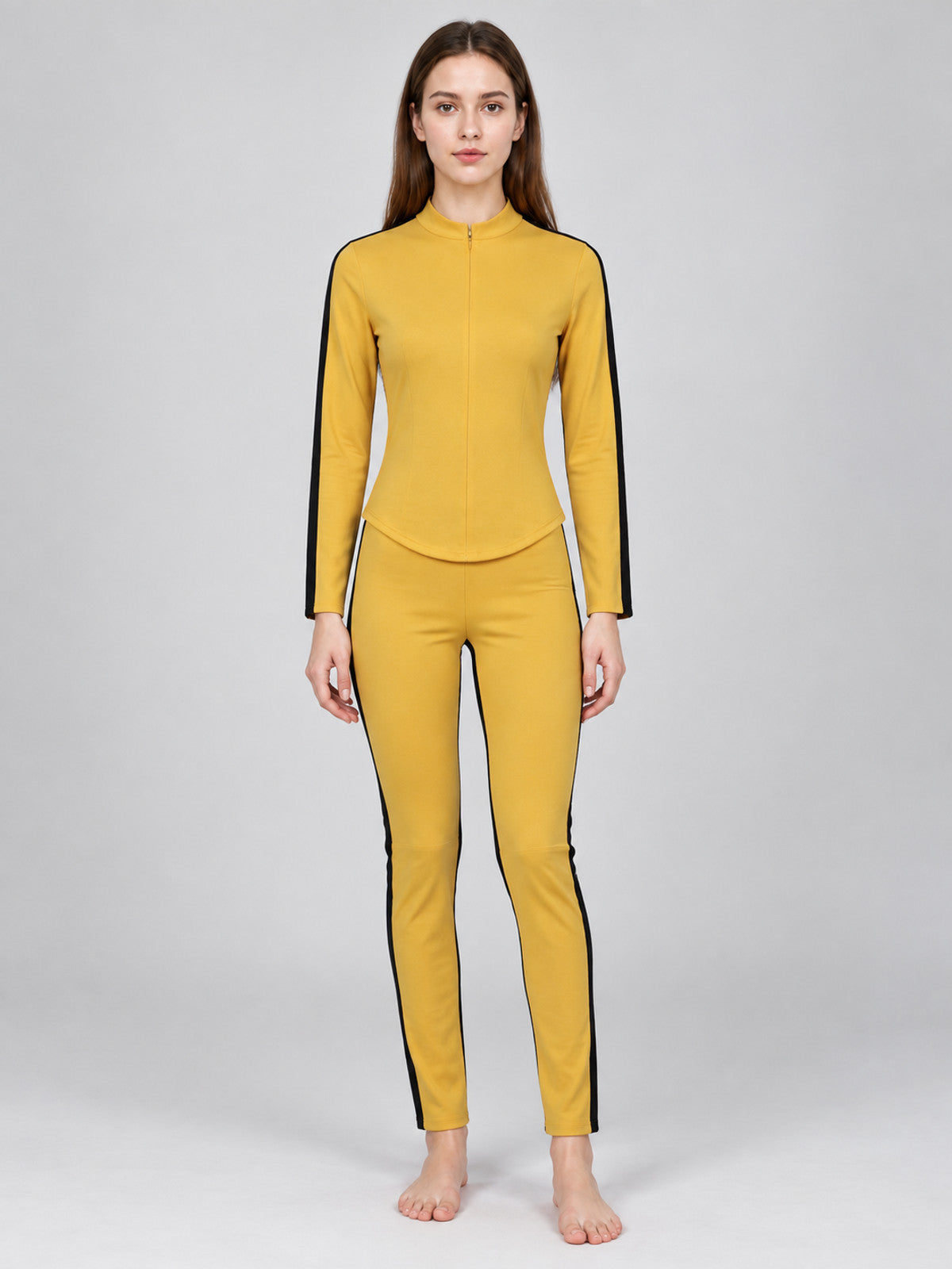 Yellow Fitted Cosplay Costume with Black Stripes on-model view