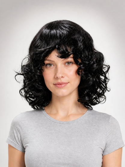 Black Carnival Wig with Curls and Side-Swept Bangs