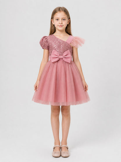 Princess Dress with Sequins, Full Skirt, and Bow on-model view