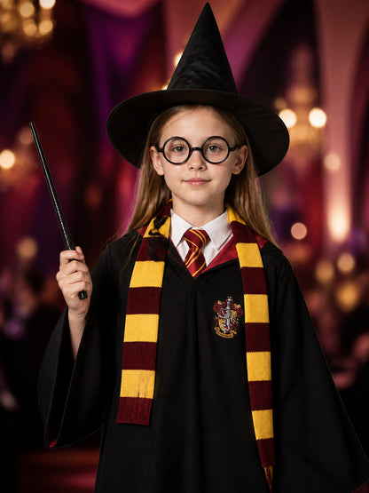 Wizard Costume Set With Hooded Robe, Hat, Scarf, Tie, Wand And Round Glasses on-model view