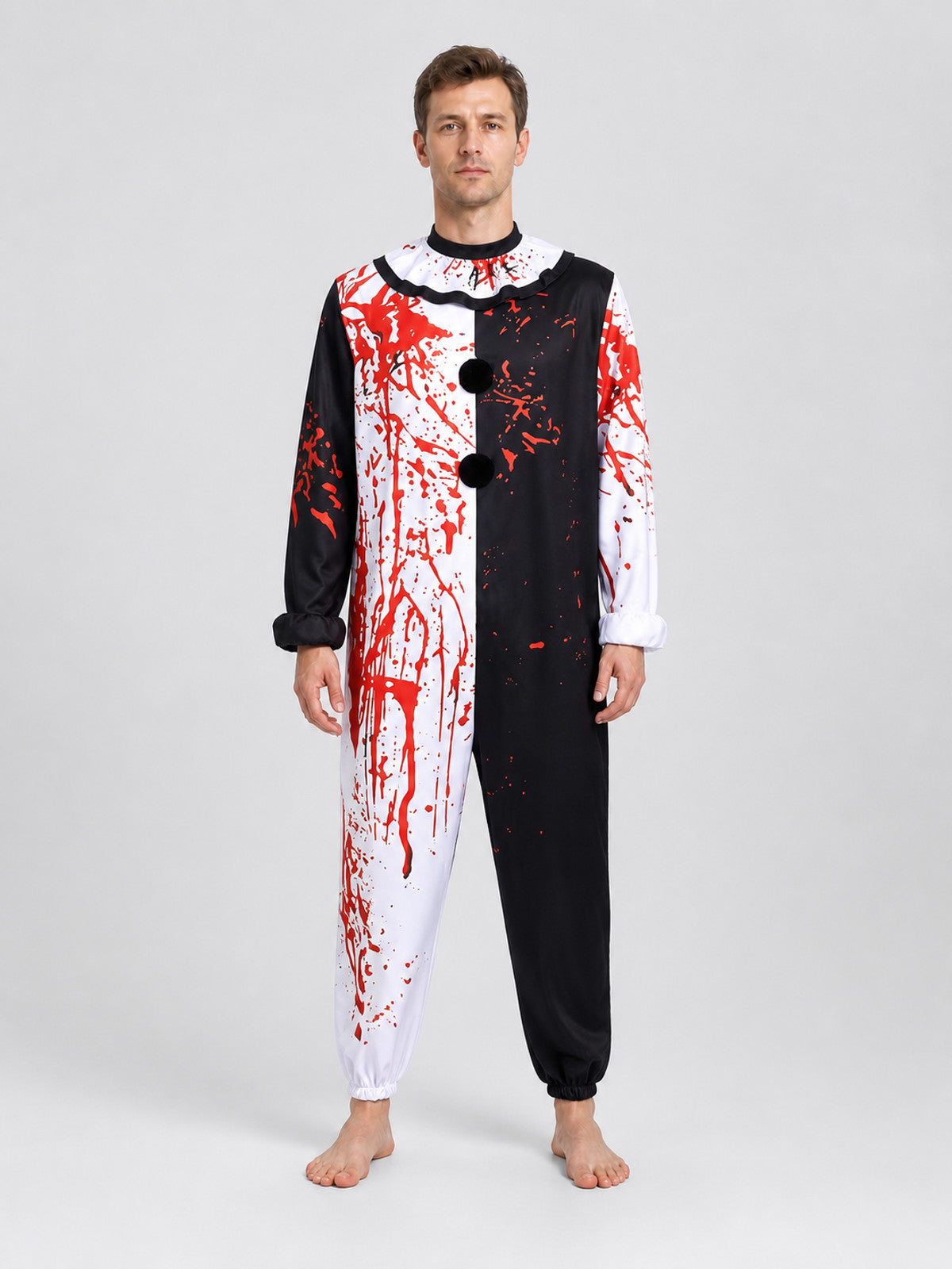 “Sinister Clown” Cosplay Costume, Black and White Jumpsuit on-model view