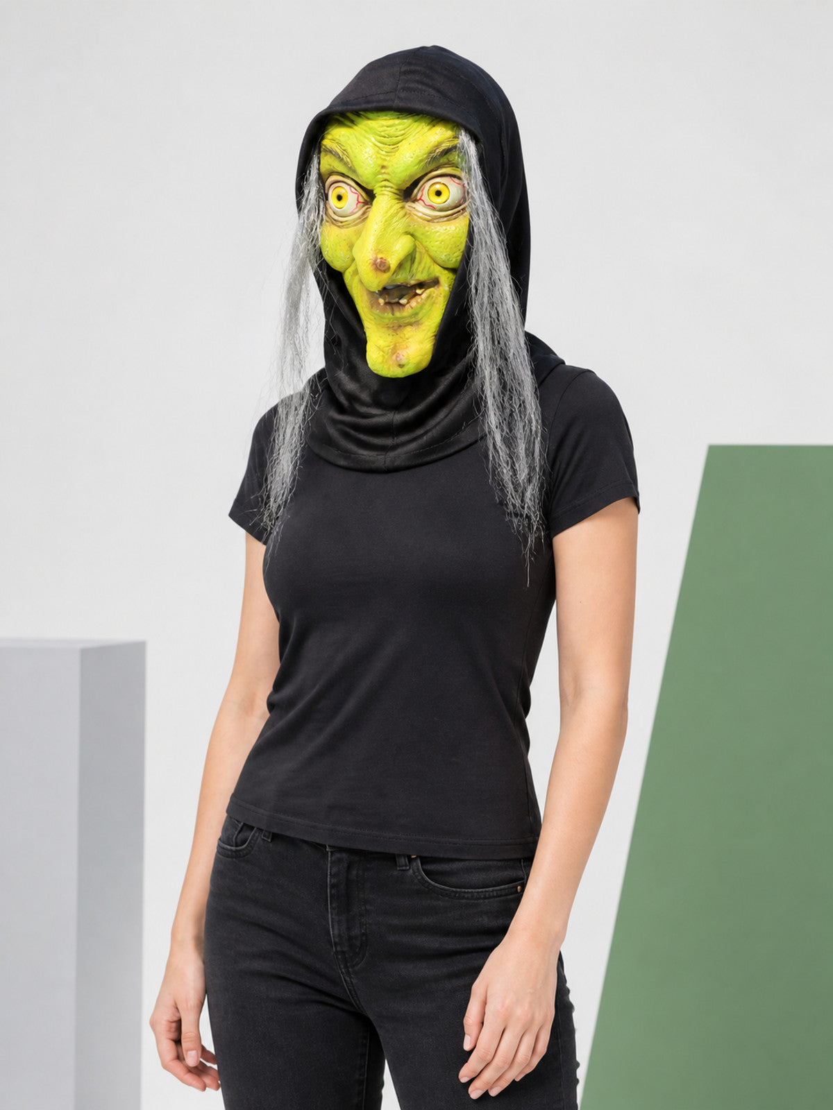 Carnival Witch Mask with Hood and Gray Hair