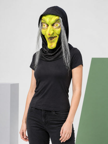 Carnival Witch Mask with Hood and Gray Hair