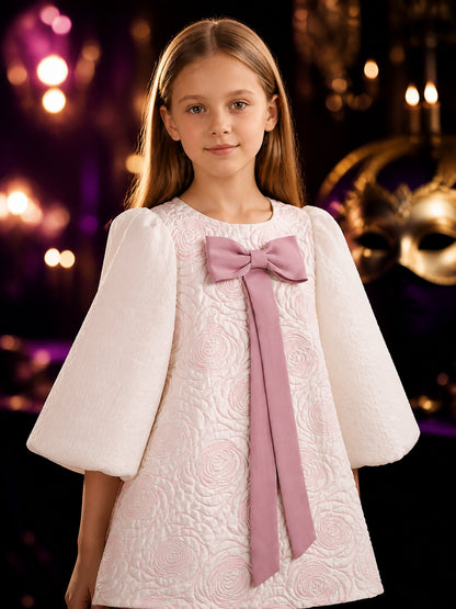 Girls' White Princess Dress with Pink Bow, Long Sleeve Rose Textured Toddler on-model view