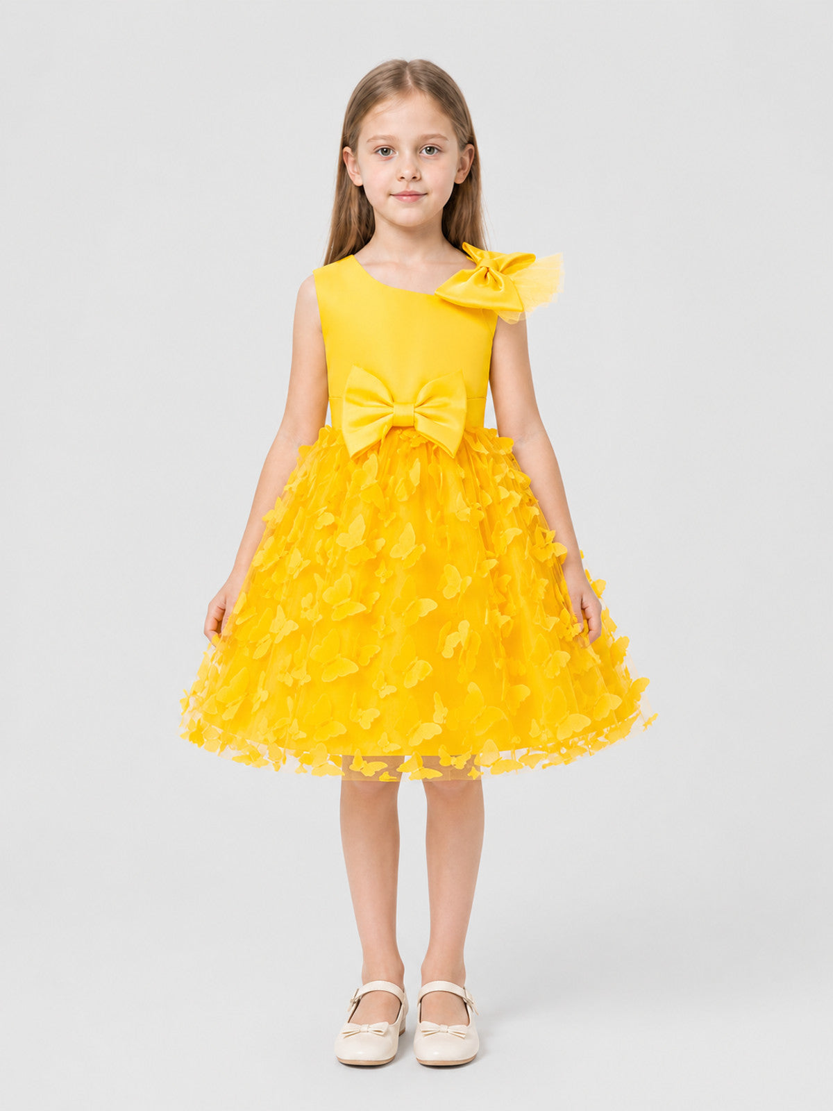 Yellow Tulle Tutu Dress for Girls with Bows on-model view