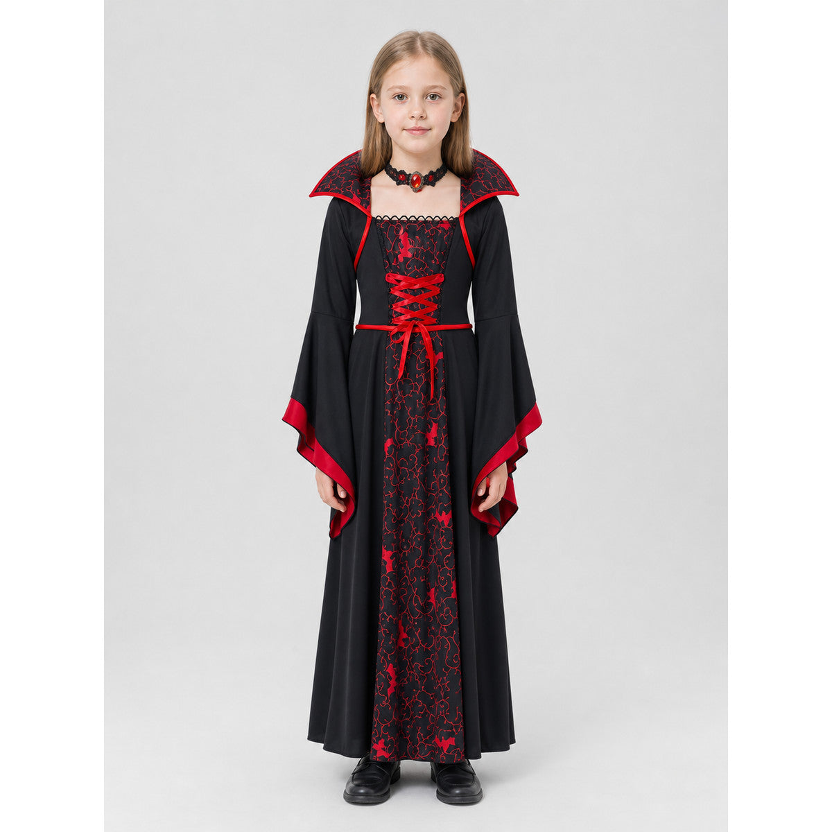 Black Halloween Vampire Dress with Wide Sleeves on-model view