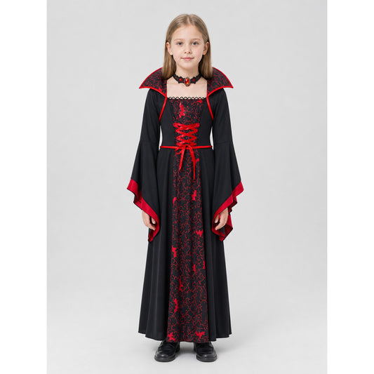 Black Halloween Vampire Dress with Wide Sleeves on-model view
