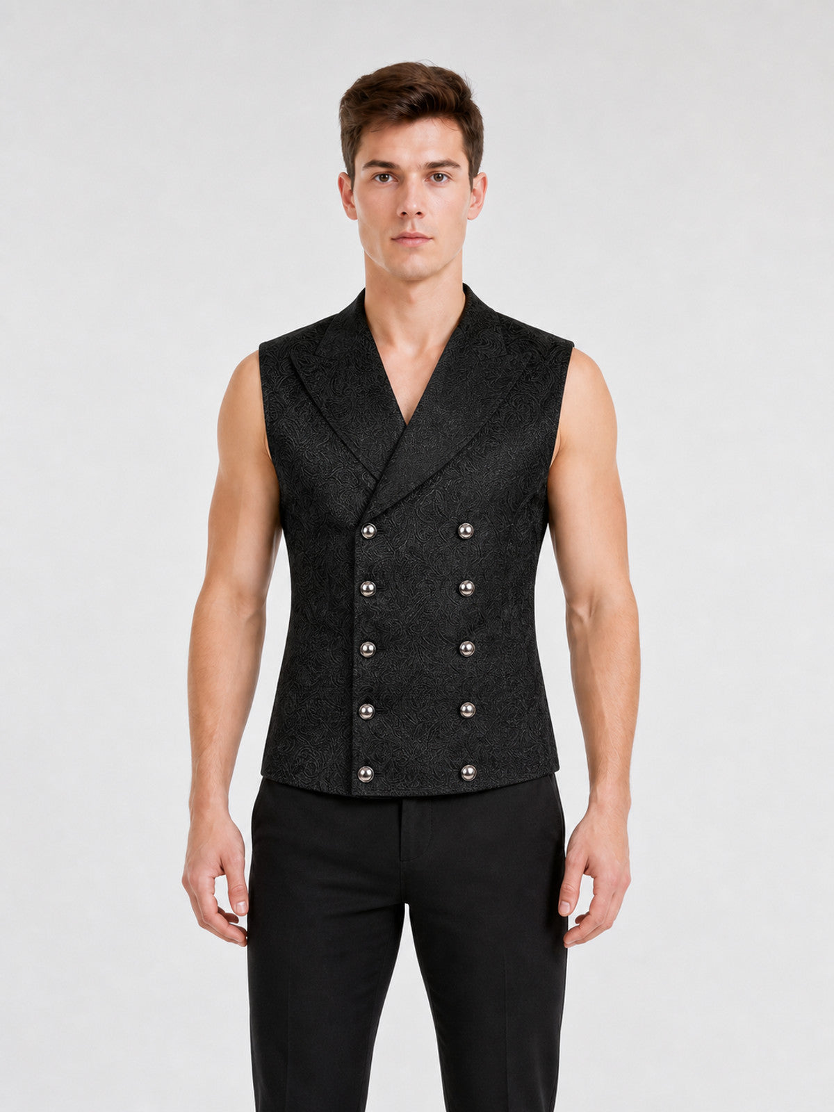 Double-Breasted Vest with a Jacquard Pattern for a Standout Look on-model view