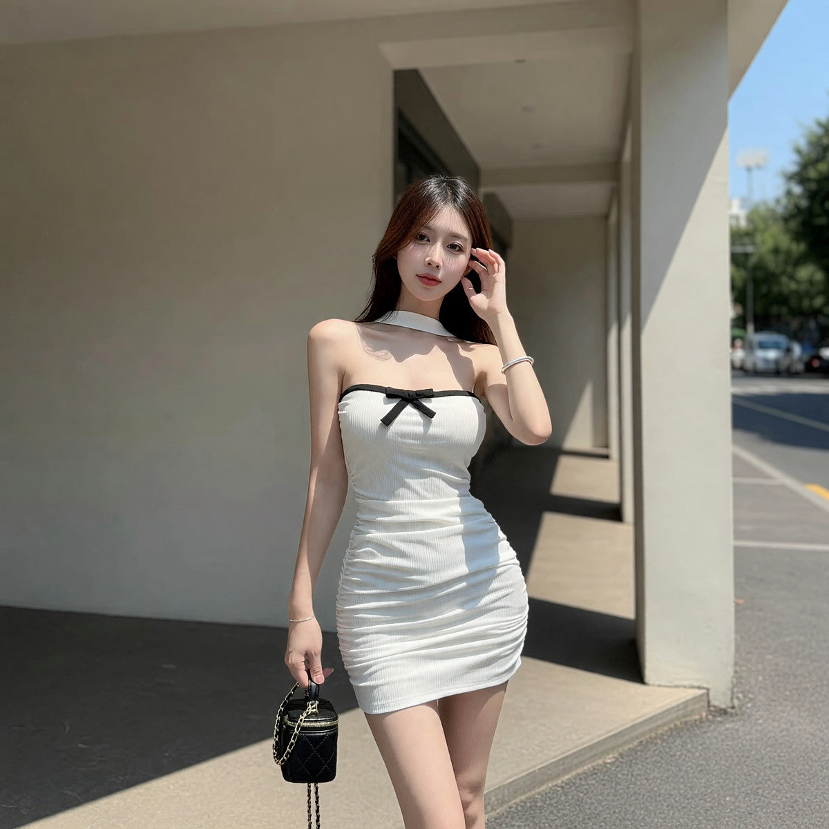White Short Fitted Bandeau Dress with Black Bow