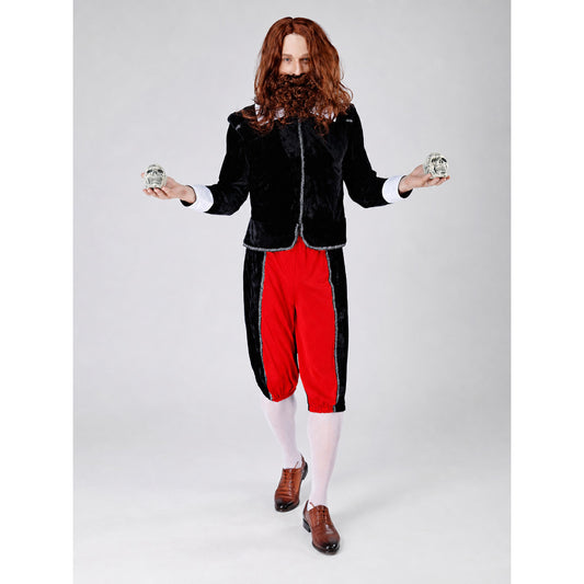The vampire costume features a combination of black, red, and silver colors. The set includes a black long coat with long sleeves and red pants, combined to create a themed outfit. The front of the coat has a zipper running down the center.