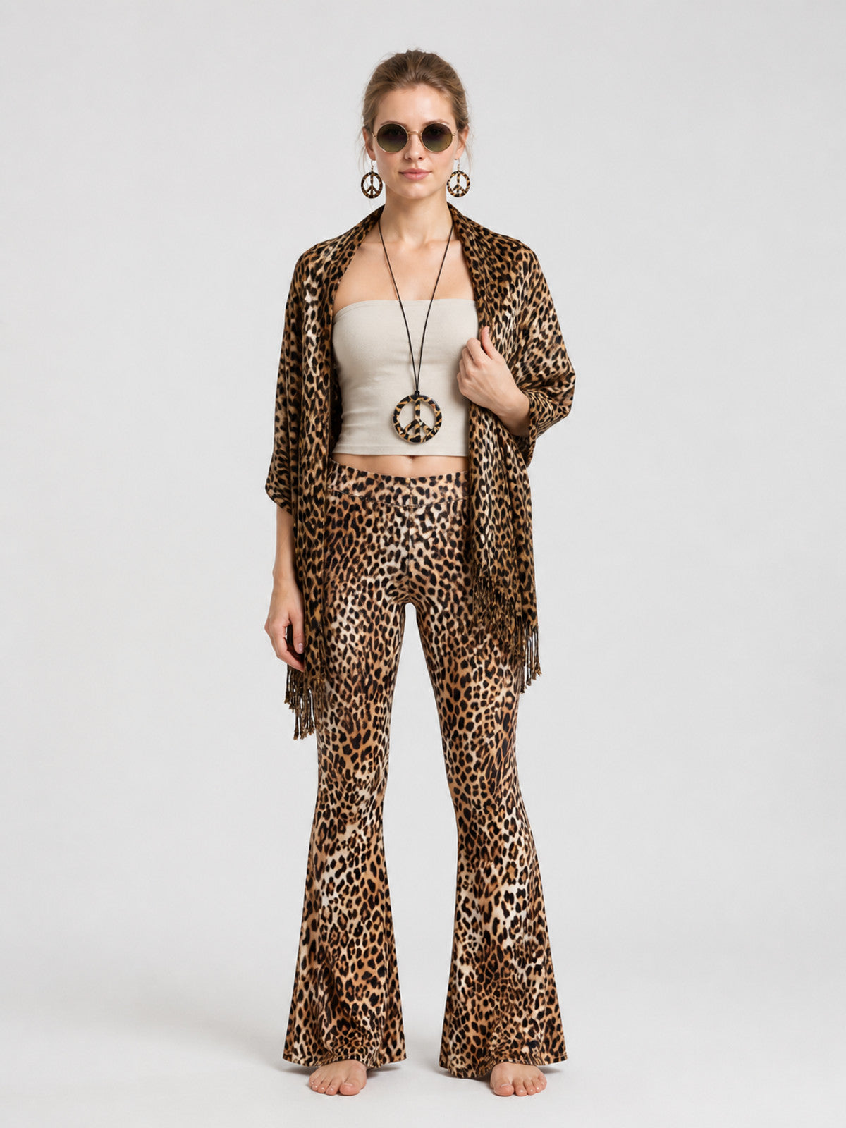 Leopard-Print Stage Costume with Flared Pants and Accessories on-model view