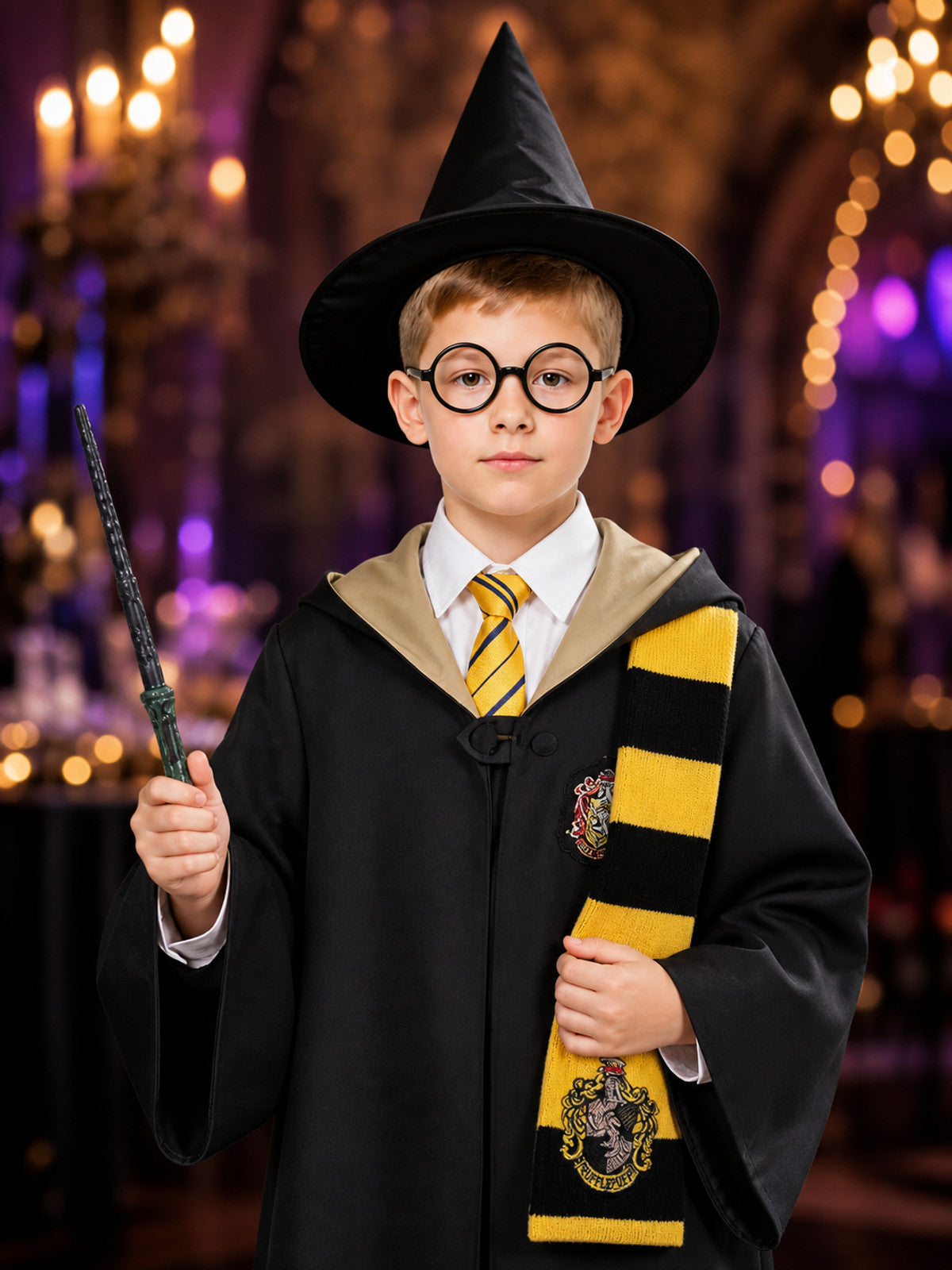 Kids' Wizard Costume Set, Black & Gold Robe with Hat, Scarf, Glasses and Wand on-model view