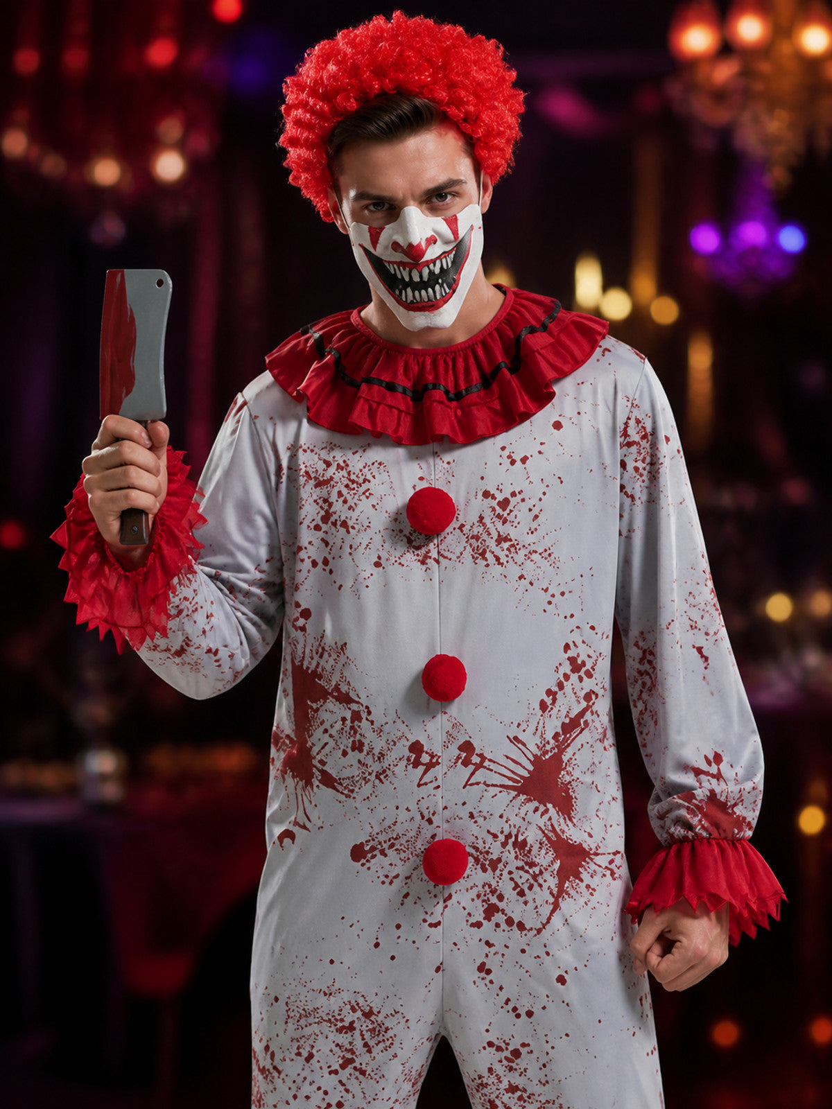 Scary Clown Bodysuit Costume with Blood Stains, Mask and Accessories for on-model view