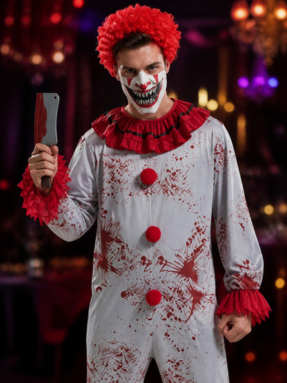 Scary Clown Bodysuit Costume with Blood Stains, Mask and Accessories for on-model view
