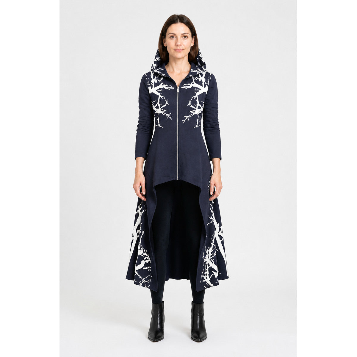 Dark navy cloak with a hood and asymmetrical hem main product view