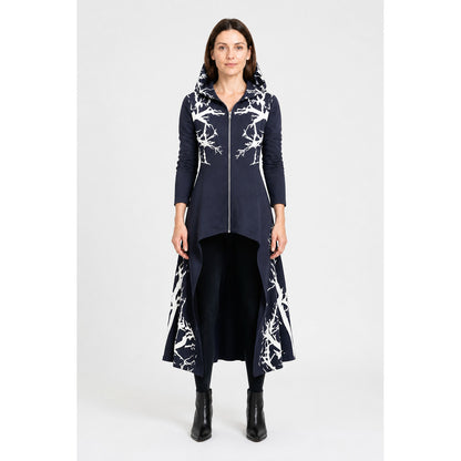 Dark navy cloak with a hood and asymmetrical hem main product view