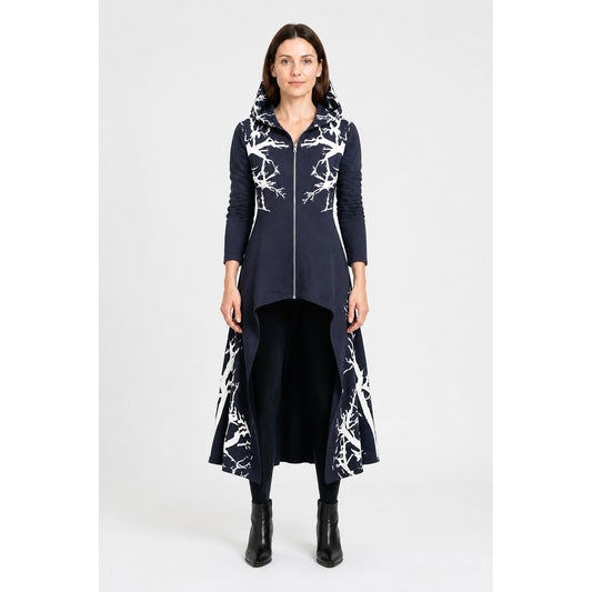 Dark navy cloak with a hood and asymmetrical hem main product view