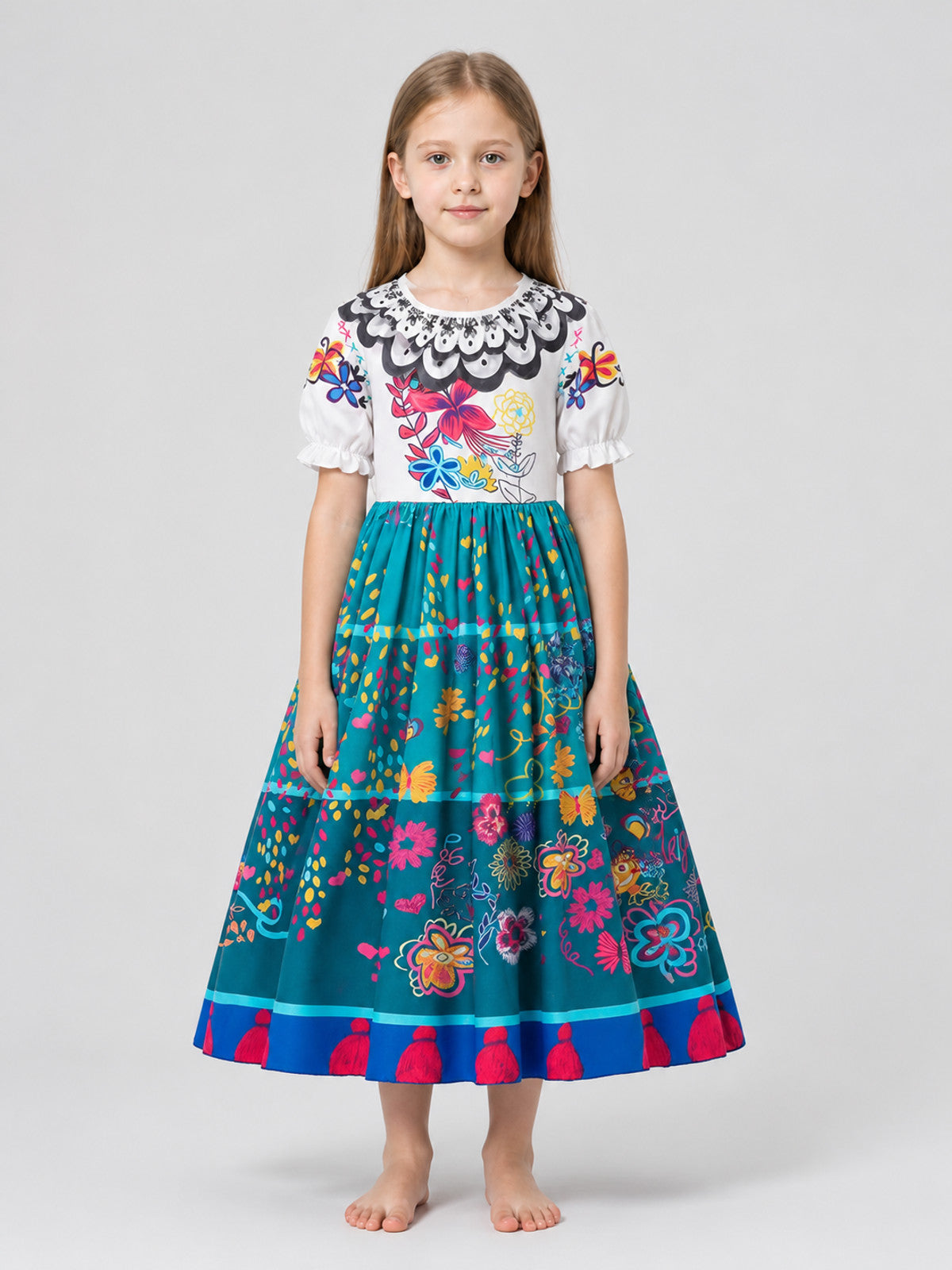 Children's cosplay dress inspired by the film Encanto on-model view