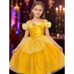 Disney Belle Girls' Yellow Dress, Bow & Rose Embroidered Tutu Costume for Kids