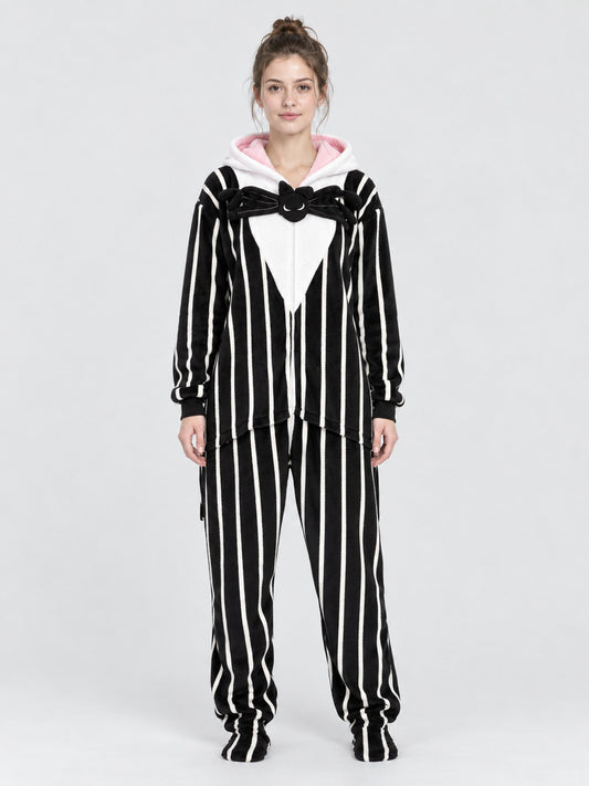 Hooded Jumpsuit Pajama with White Stripes