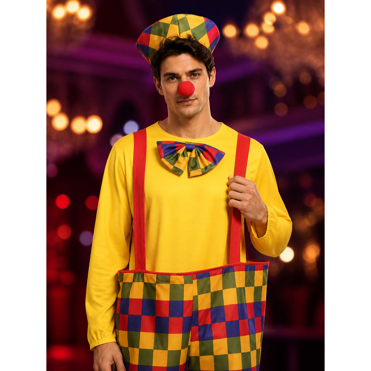 Unisex Adult Clown Costume Set, Colorful Striped Jumpsuit with Hat and Nose on-model view