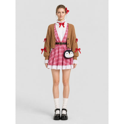 Penguin Cosplay Costume with Plaid Dress and White Ruffles on-model view