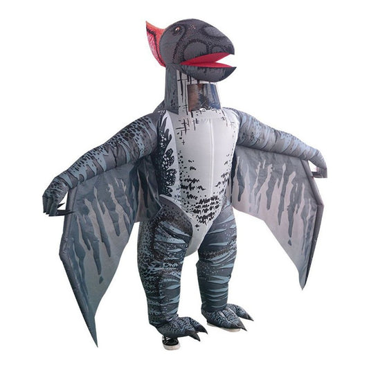 Gray inflatable pterodactyl costume fully inflated, front view showing crested head, open beak, wide wings and clawed feet