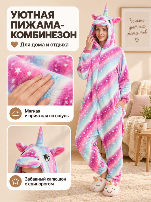 Unicorn Hooded Pajama Jumpsuit, Star Print