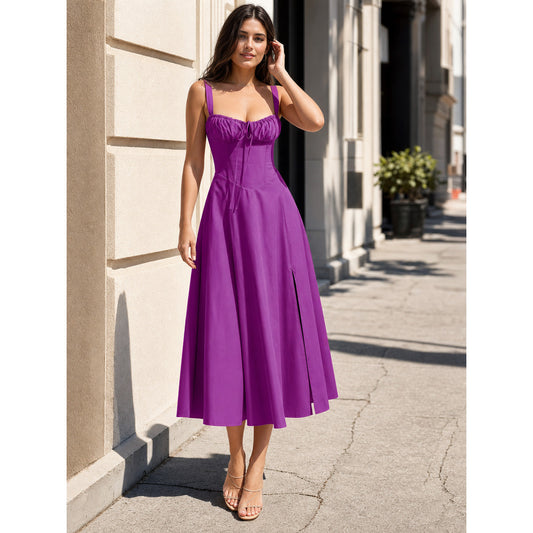 Purple dress with thin straps and a square neckline