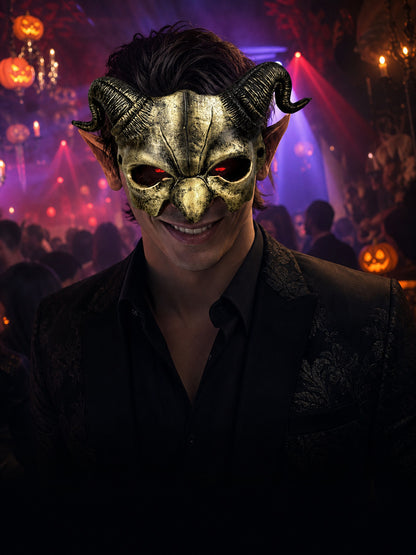Antique gold horned half mask with pointed ears on a model in a black jacket at a Halloween party