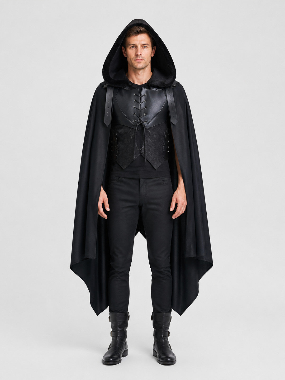 Black Medieval Hooded Cloak for Cosplay on-model view