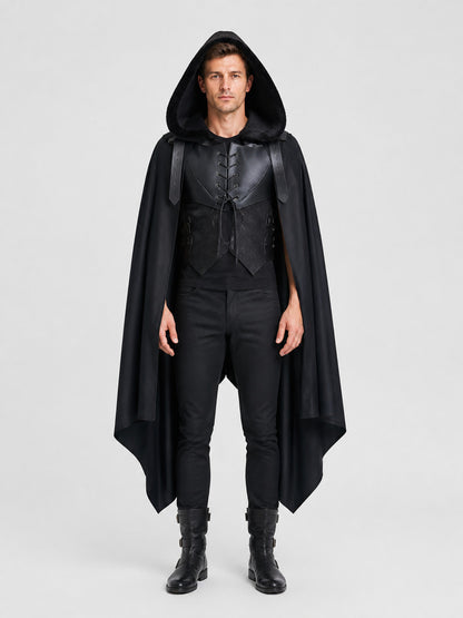 Black Medieval Hooded Cloak for Cosplay on-model view