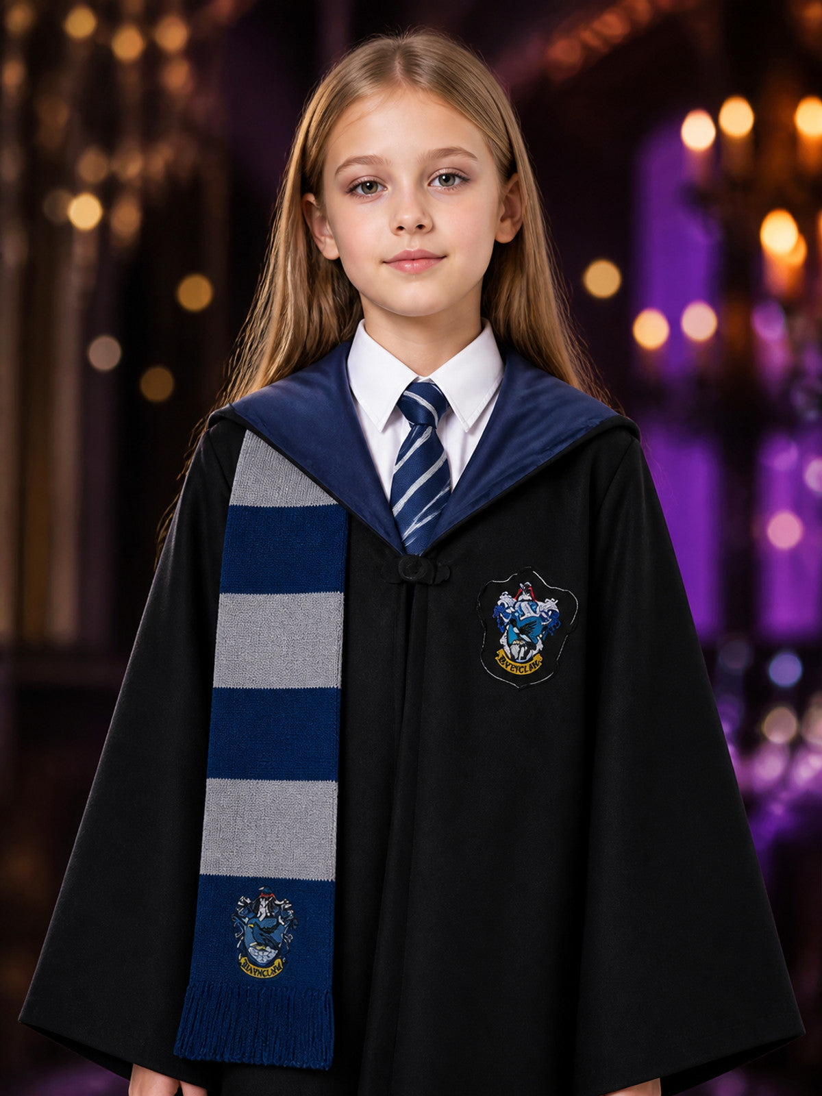 Hooded Wizard Robe Costume Set With Tie and Scarf, Black Cloak on-model view