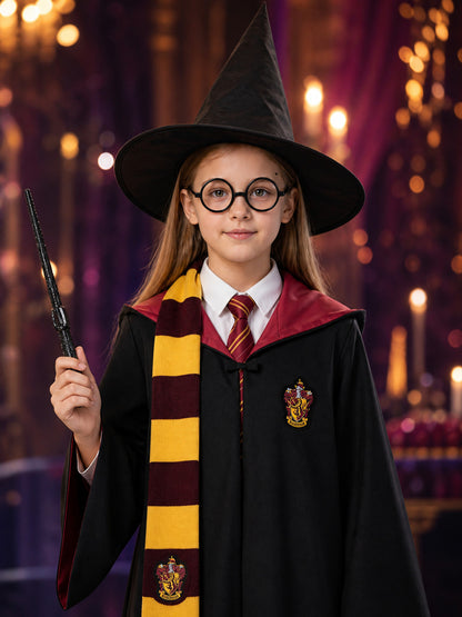 Hooded Wizard Costume Set with Robe, Hat, Scarf, Tie, Glasses, Shirt and Wand on-model view
