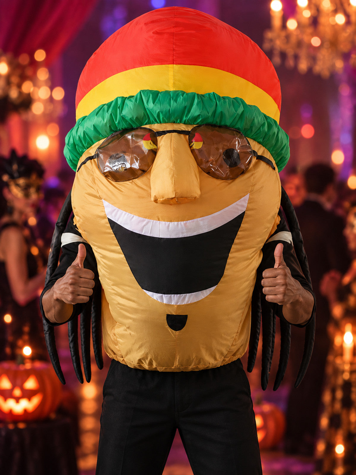 Inflatable carnival costume with fan, hat, and glasses