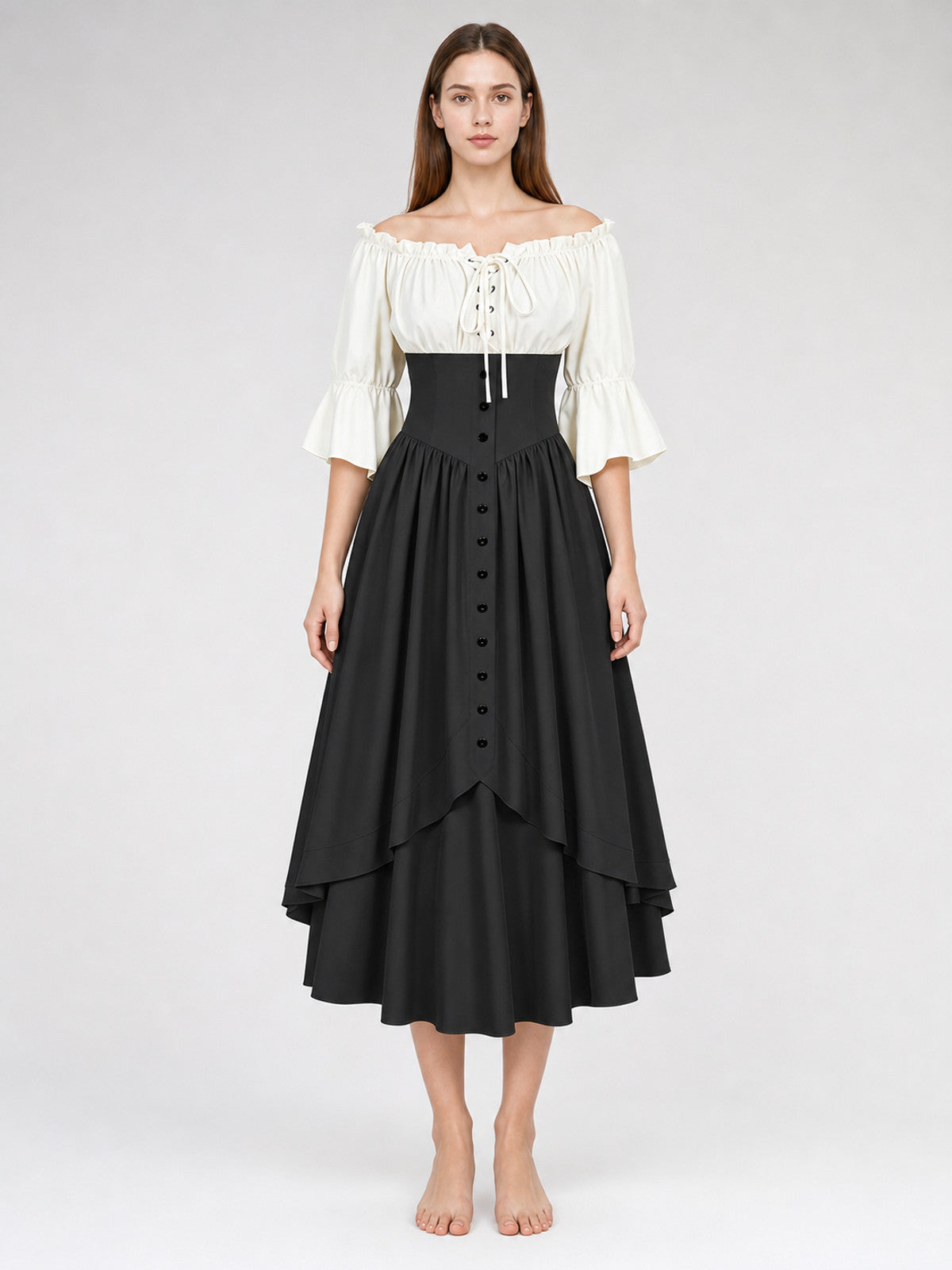 Vintage-Style Off-the-Shoulder Dress with Lacing front view