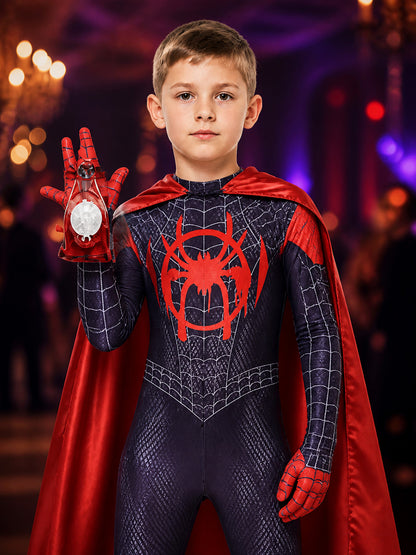 Kids' Black Spider-Man Bodysuit Costume With Mask, Cape And Web Shooters on-model view