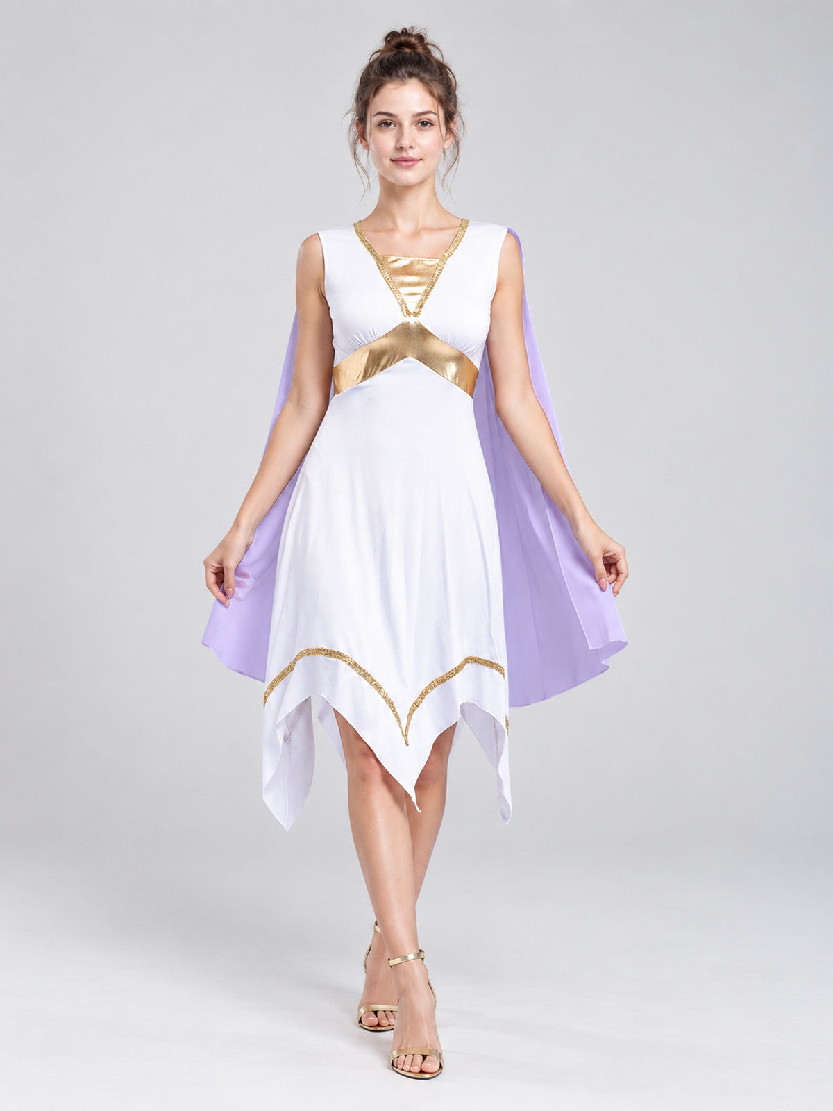 White dress with asymmetrical hem and gold trim