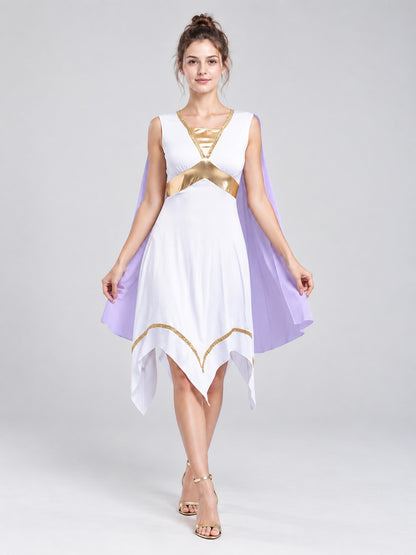 White dress with asymmetrical hem and gold trim