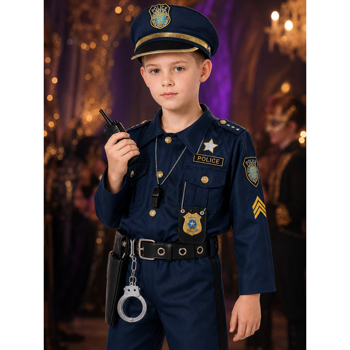 Kids Police Costume Set, Deluxe Role Play Outfit with Hat, Belt, Badge on-model view