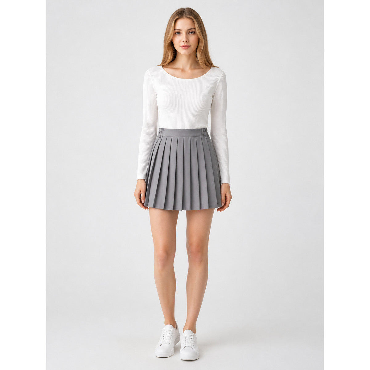 Gray Pleated Short Skirt with Elastic Waistband on-model view